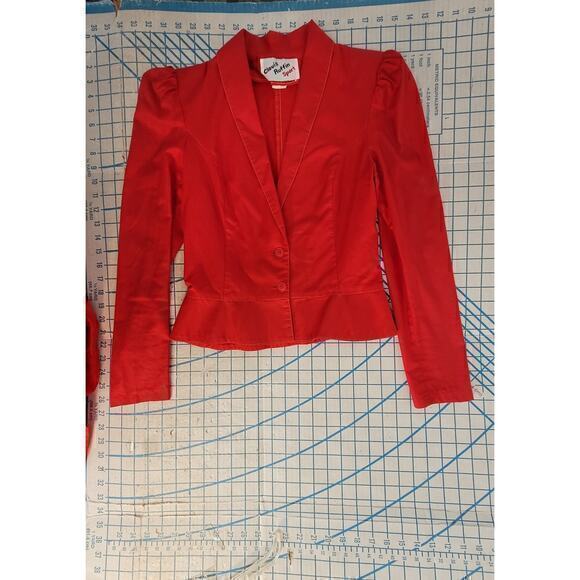 HP Clovis Ruffin Red Puffy‎ Shoulder Long Sleeve Vintage Peplum Jacket - Picture 5 of 13